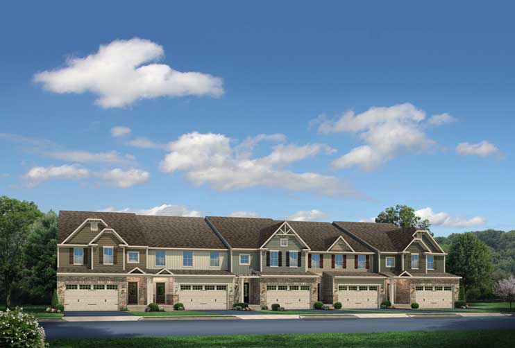 Rendering of row of homes with front-load garage