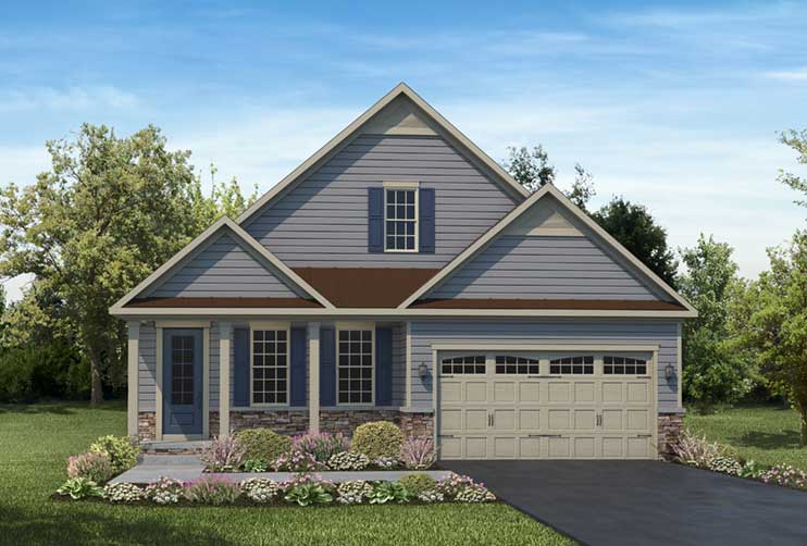 Artist rendering of grey house with siding and front load garage